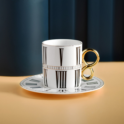 Ceramic Set of 6 pieces Clock Number Design Gold Handle Modern Luxury Porcelain Espresso Coffee Cups Turkish Coffee cups