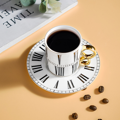 Ceramic Set of 6 pieces Clock Number Design Gold Handle Modern Luxury Porcelain Espresso Coffee Cups Turkish Coffee cups